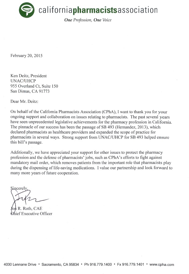 California Pharmacists Association Letter